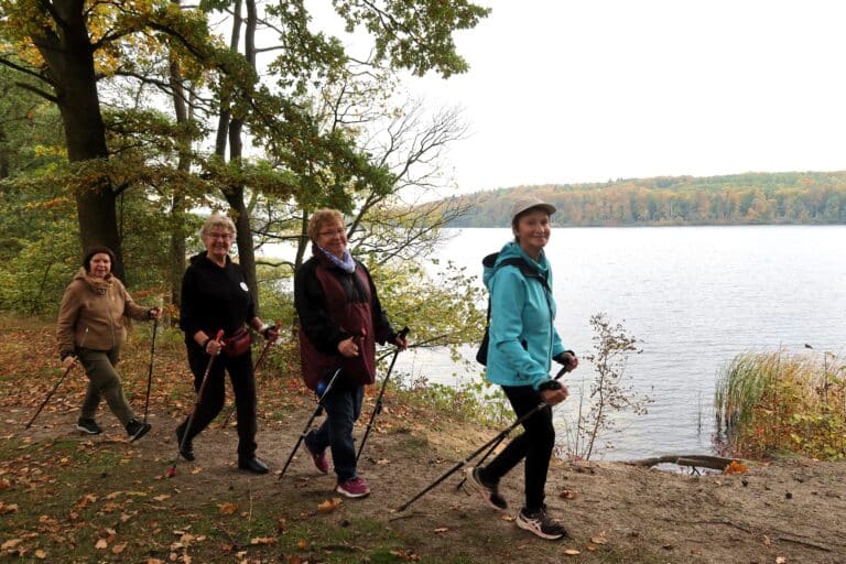 Eine Gruppe von vier älteren Frauen geht lächelnd mit Walking-Stöcken hintereinander auf einem Uferweg an einem Seeufer entlang, während im Hintergrund herbstlich gefärbte Bäume und ein ruhiges Gewässer zu sehen sind.