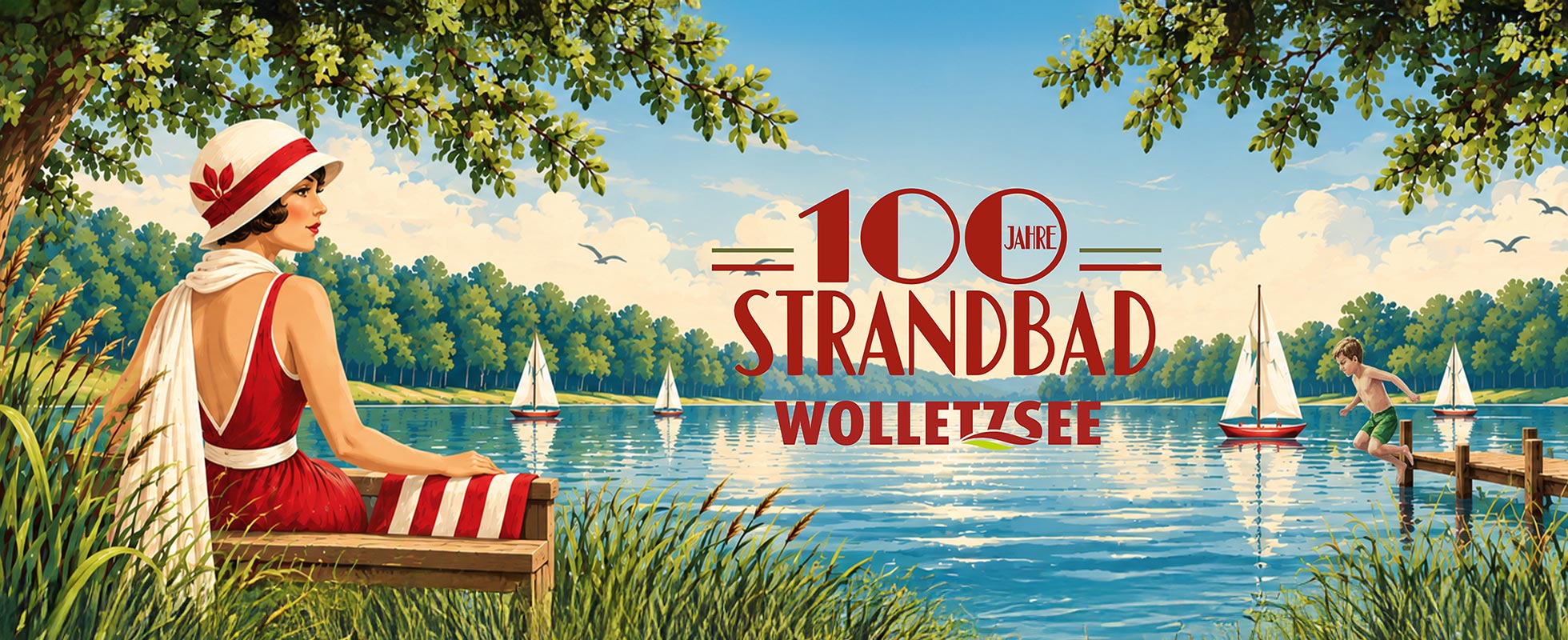 Historische Illustration zum 100-jährigen Jubiläum des Strandbads Wolletzsee mit einer Frau im roten Badeanzug, Segelbooten und sommerlicher Seelandschaft.