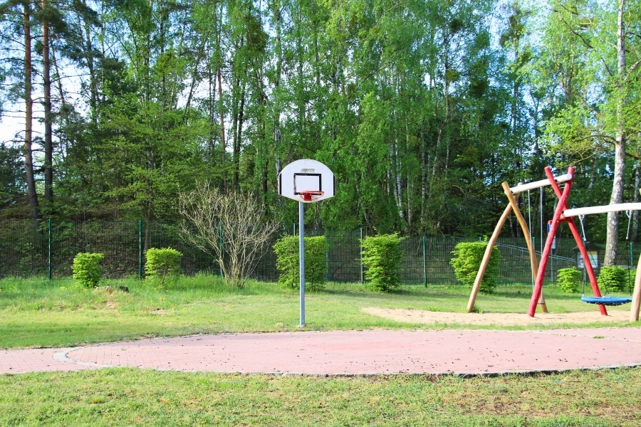 Basketballkorb und Schaukel auf einer begrünten Außenfläche im Strandbad Wolletzsee, umgeben von Bäumen und Sträuchern.
